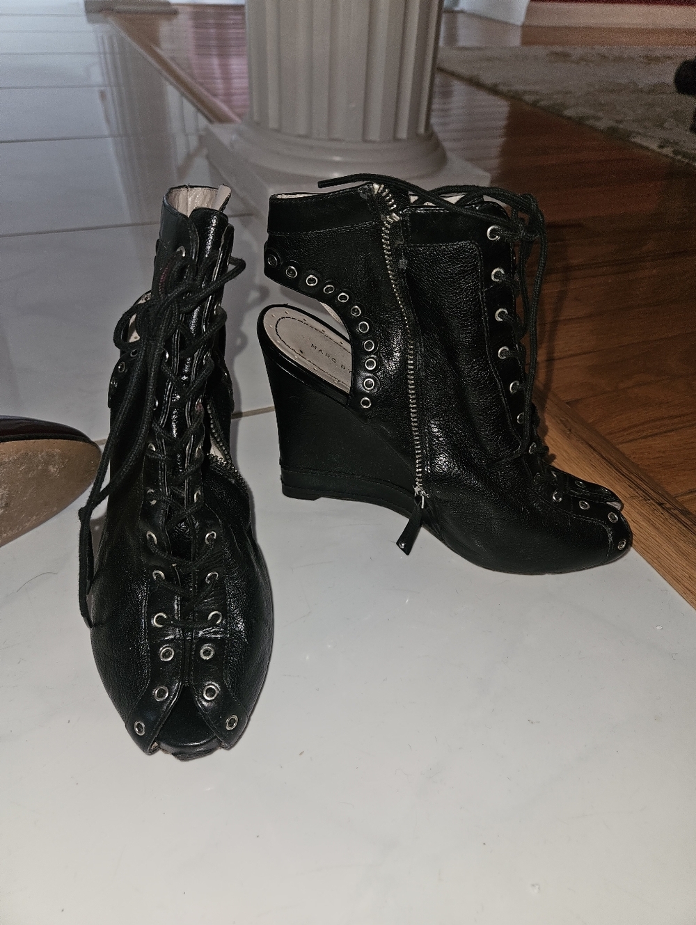 Marc Jacobs Black Lace-Up Peep-Toe Ankle Boots - Women's 37.5